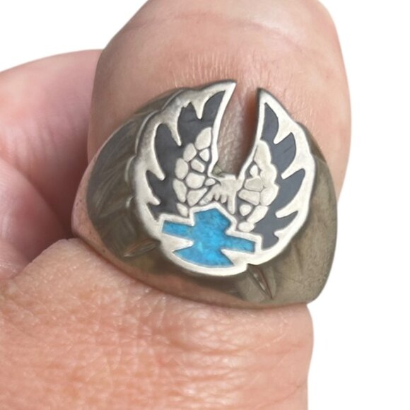 Silver Tone HD Biker Ring | Eagle & Turquoise Shield Double Ring Sz 11.5/12 Mens - Picture 4 of 7